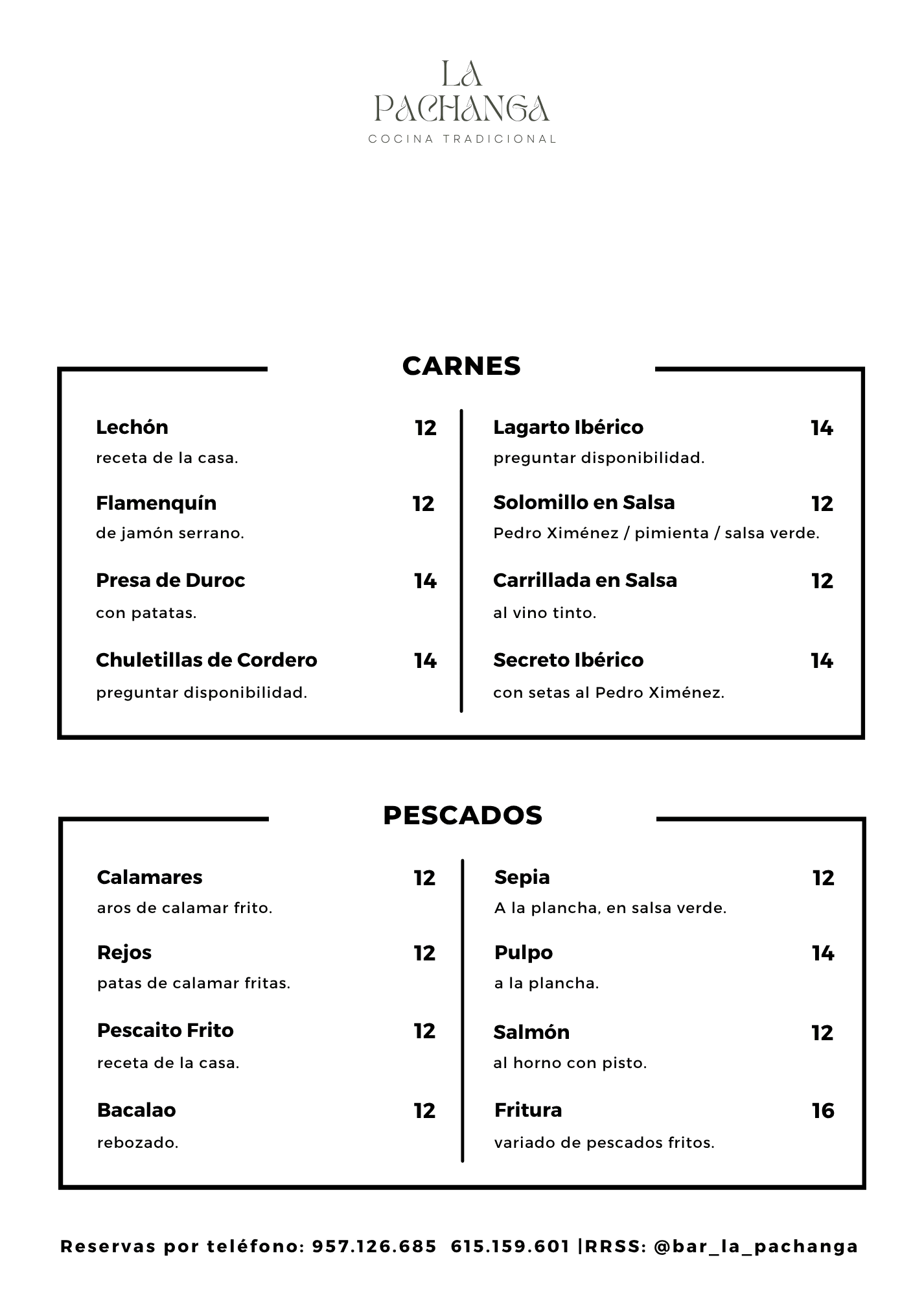 Carta de carnes y pescados del restaurante La Pachanga Cocina Tradicional.