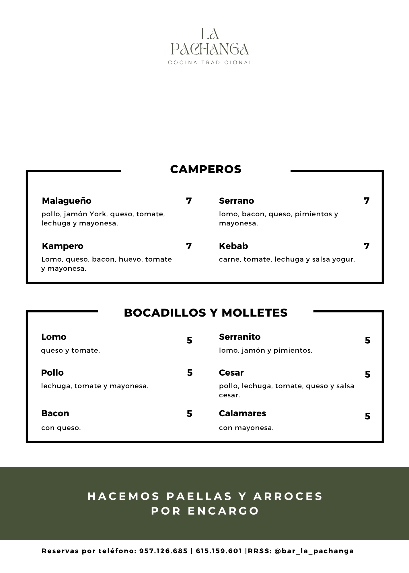 Carta de camperos, bocadillos y molletes en La Pachanga Cocina Tradicional.