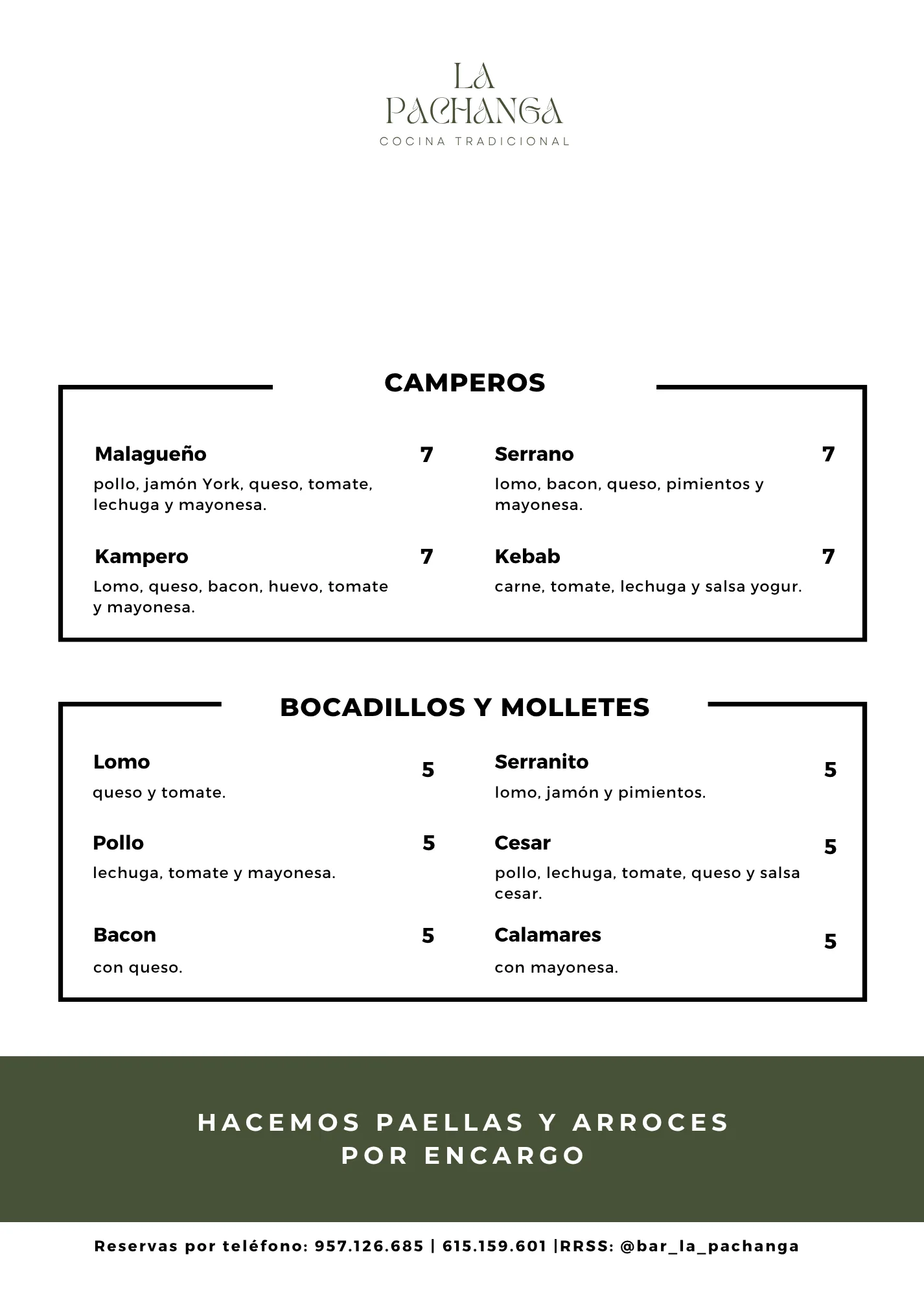 Carta de camperos, bocadillos y molletes en La Pachanga Cocina Tradicional.